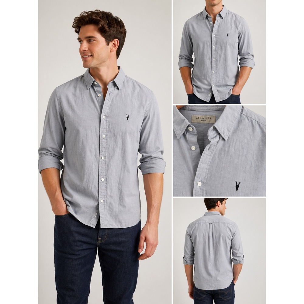 AllSaints Mens Gray Button Down Shirt Slim Fit Casual Minimalist Logo Medium